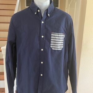 Jiberish Denver Co. Long Sleeve Navy Button Down Shirt Stripe Pocket XL Slim Fit